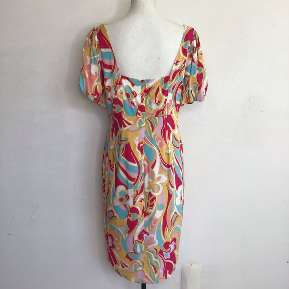 Emily Wonder Fun Elegant Puff sleeve Colorful Floral Women's Sheath Mini Dress L - Picture 2 of 9